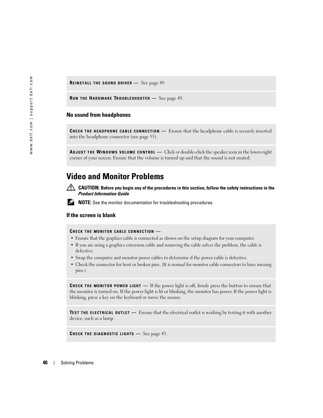Dell 5100 manual Video and Monitor Problems, No sound from headphones, If the screen is blank 