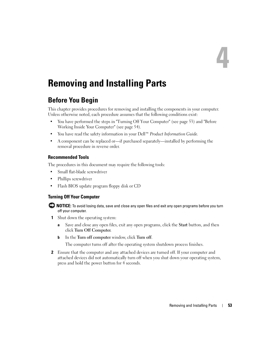 Dell 5100 manual Before You Begin, Recommended Tools, Turning Off Your Computer, Removing and Installing Parts 