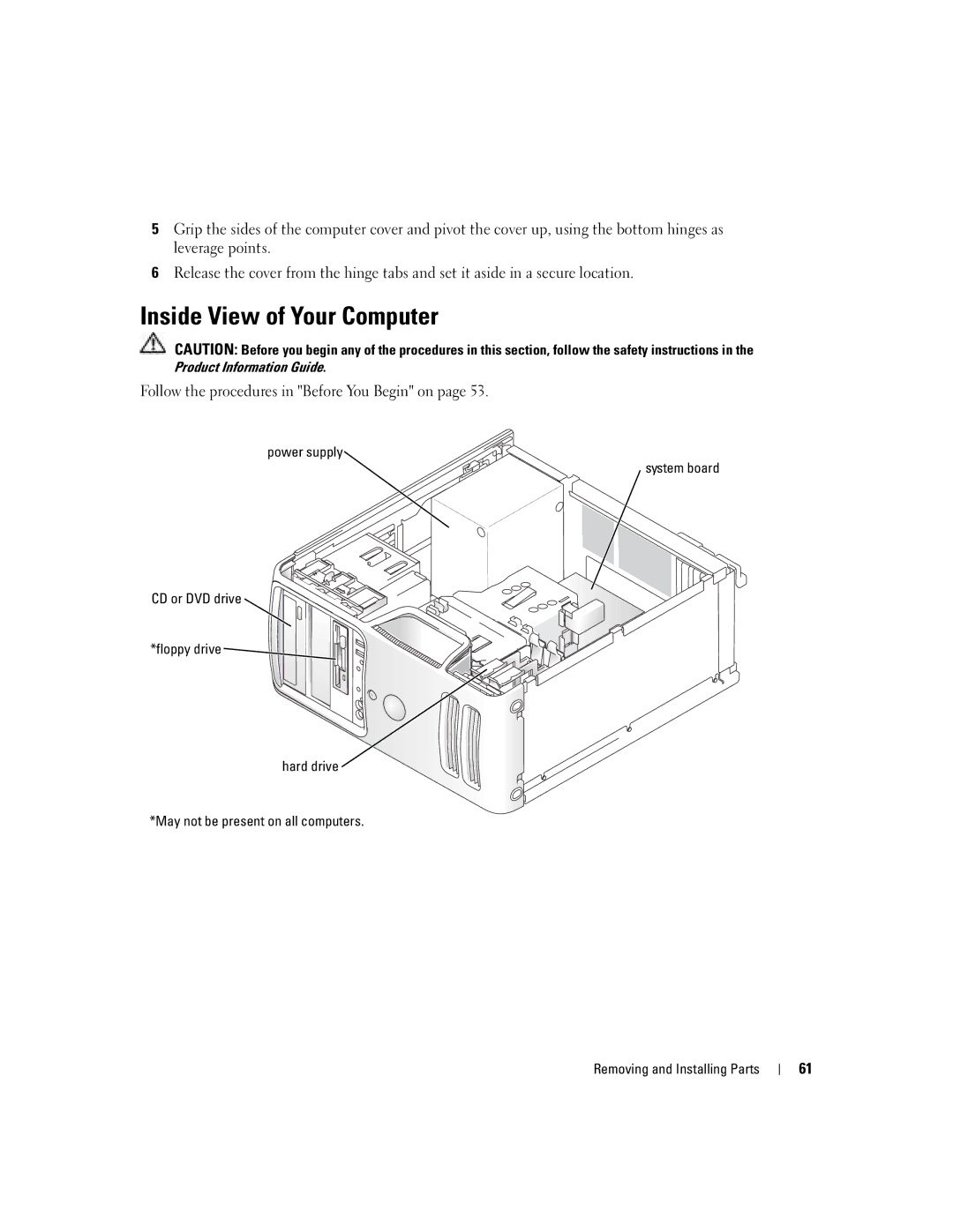 Dell 5100 manual Inside View of Your Computer, Follow the procedures in Before You Begin on 