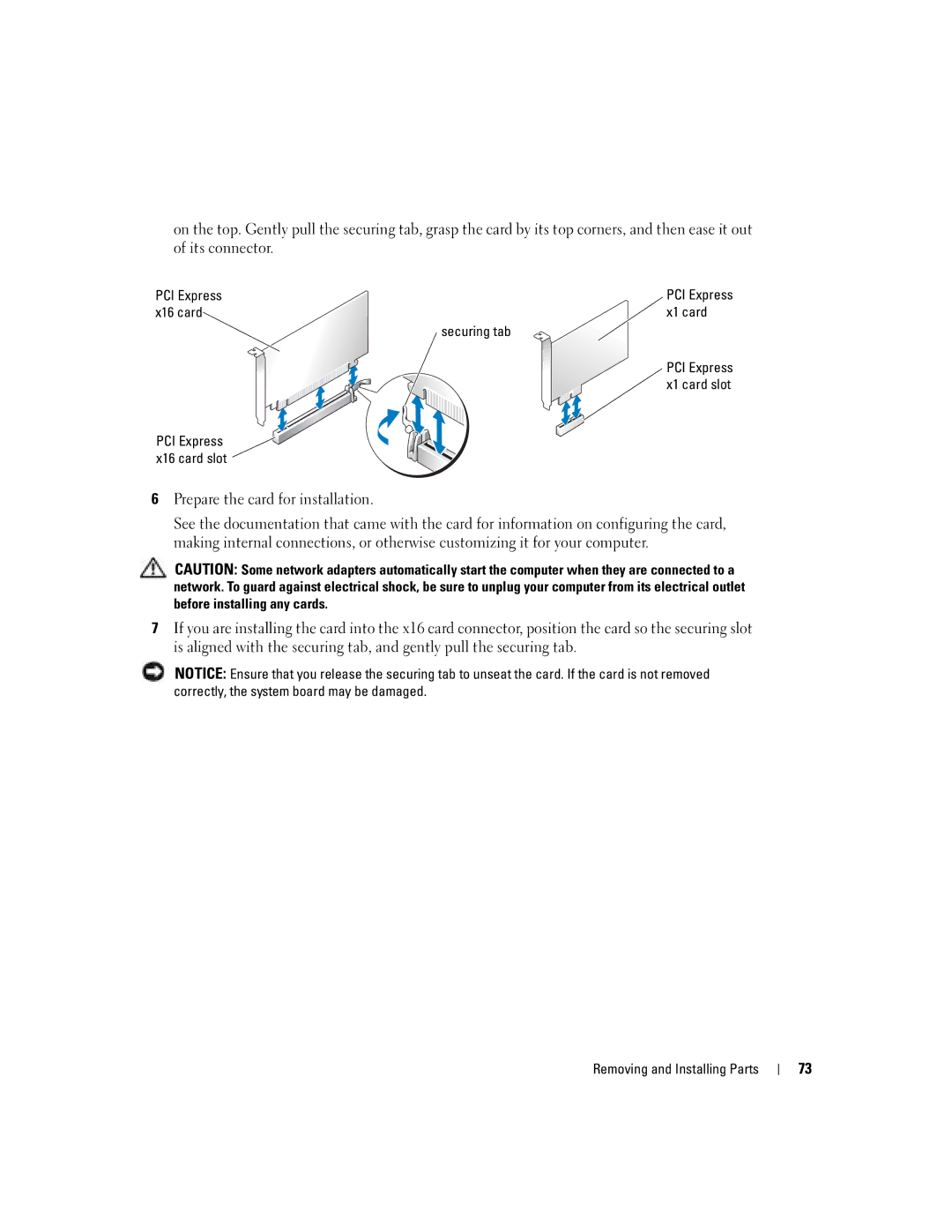 Dell 5100 manual PCI Express, X16 card X1 card Securing tab 