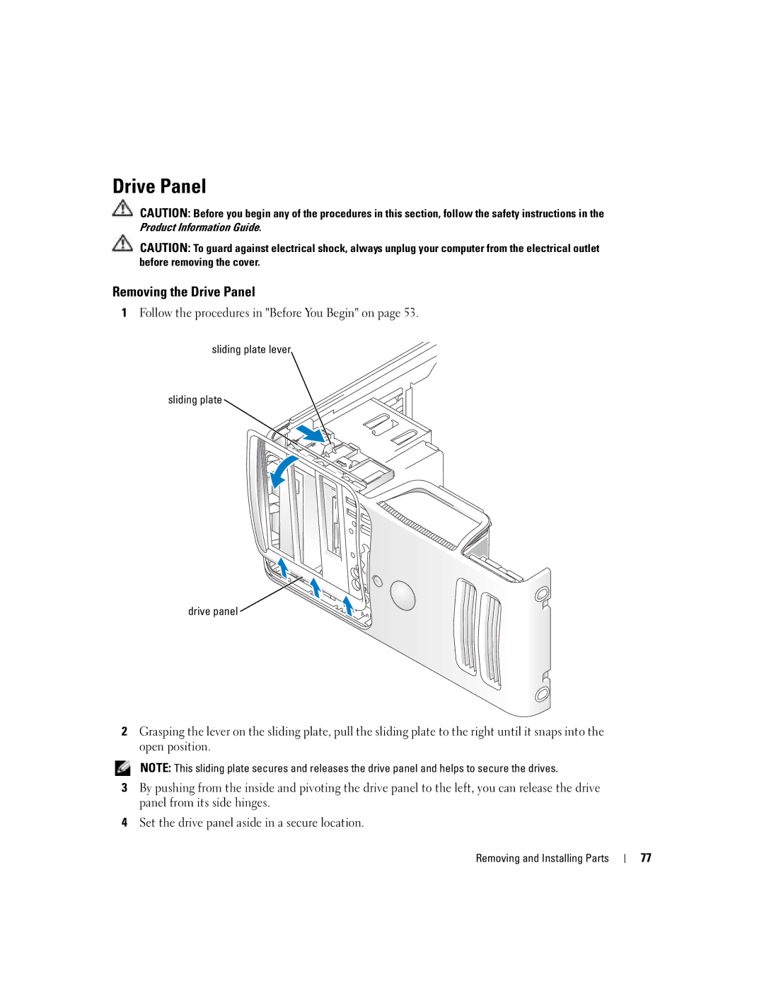 Dell 5100 manual Removing the Drive Panel, Sliding plate lever Drive panel 