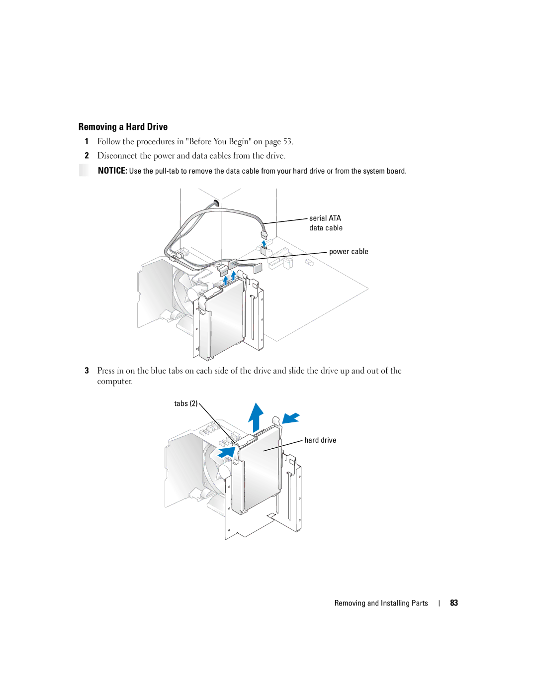 Dell 5100 manual Removing a Hard Drive, Power cable, Tabs Hard drive Removing and Installing Parts 