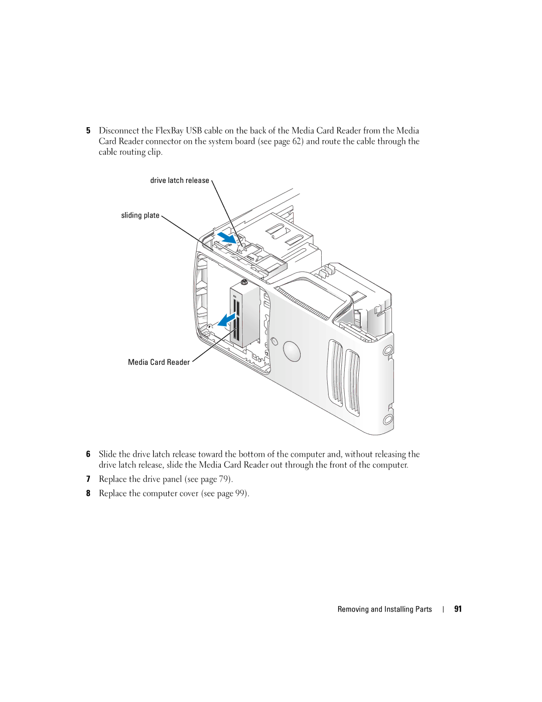 Dell 5100 manual Drive latch release Sliding plate Media Card Reader 