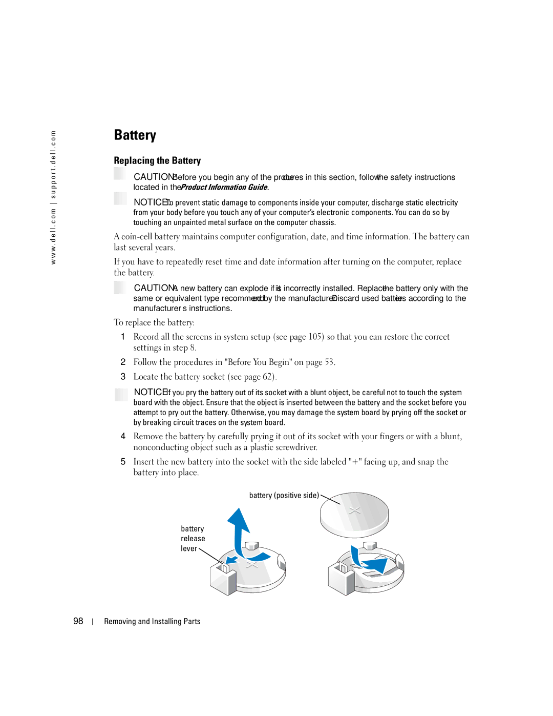 Dell 5100 manual Replacing the Battery 