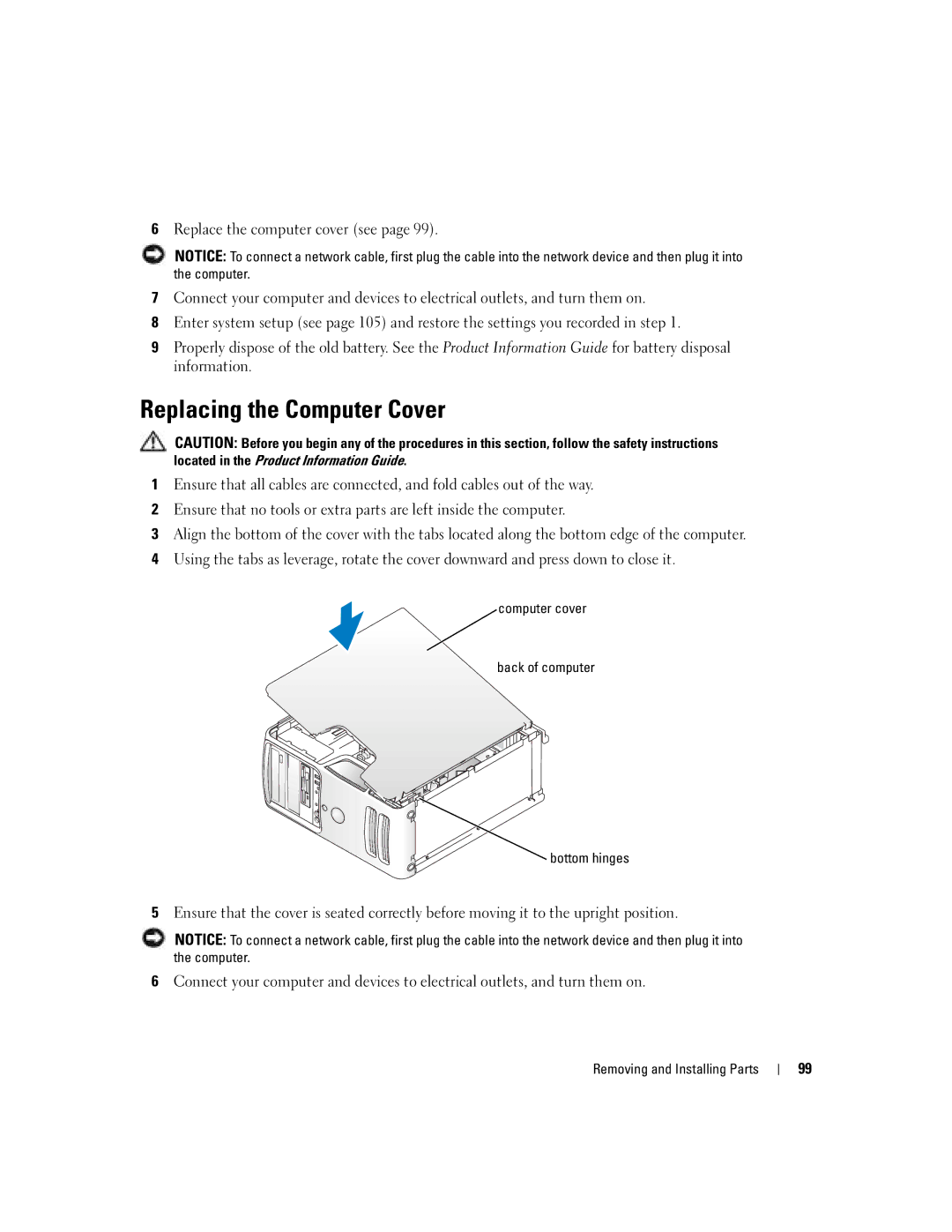 Dell 5100 manual Replacing the Computer Cover, Computer cover Back of computer Bottom hinges 