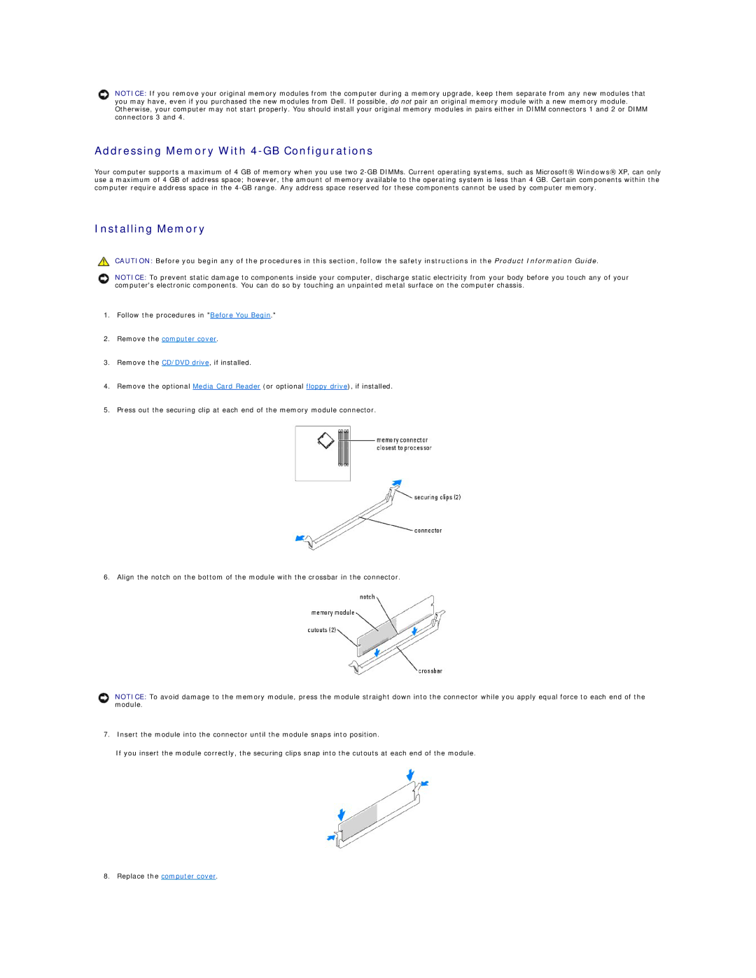 Dell 5100C specifications Addressing Memory With 4-GB Configurations, Installing Memory, Remove the computer cover 