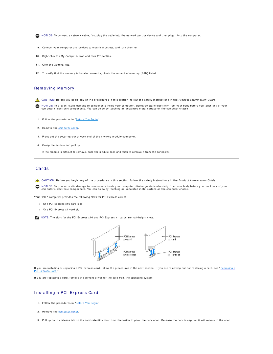 Dell 5100C specifications Cards, Removing Memory, Installing a PCI Express Card 