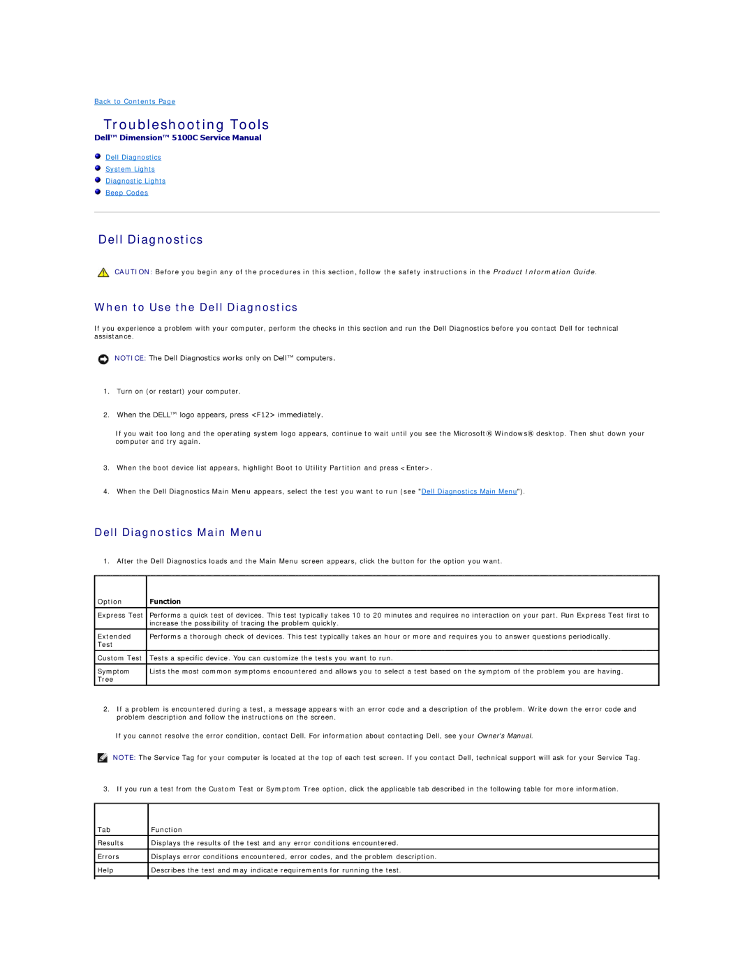 Dell 5100C specifications Troubleshooting Tools, When to Use the Dell Diagnostics, Dell Diagnostics Main Menu 