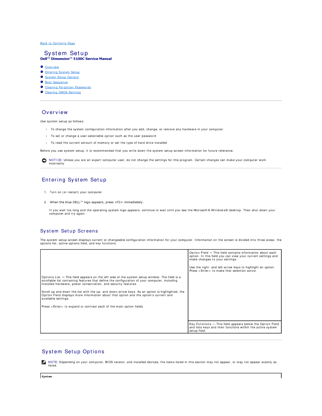 Dell 5100C specifications Overview, Entering System Setup, System Setup Options, System Setup Screens 