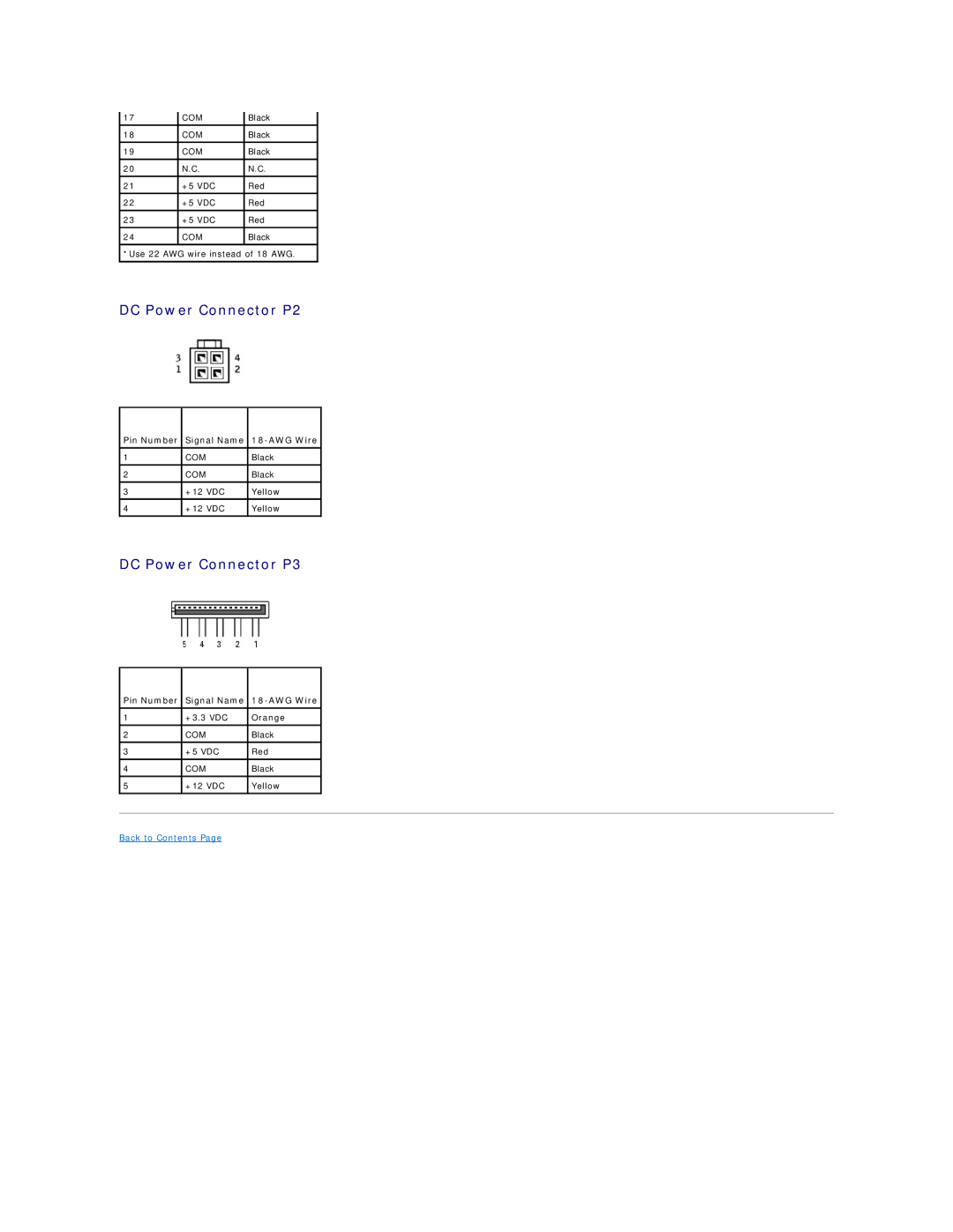 Dell 5100C specifications DC Power Connector P2, DC Power Connector P3, Pin Number Signal Name 18-AWG Wire 