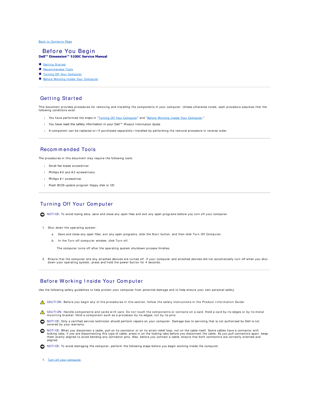 Dell 5100C specifications Before You Begin, Getting Started, Recommended Tools, Turning Off Your Computer 