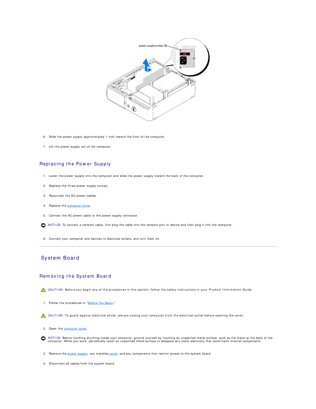 Dell 5100C specifications Replacing the Power Supply, Removing the System Board 