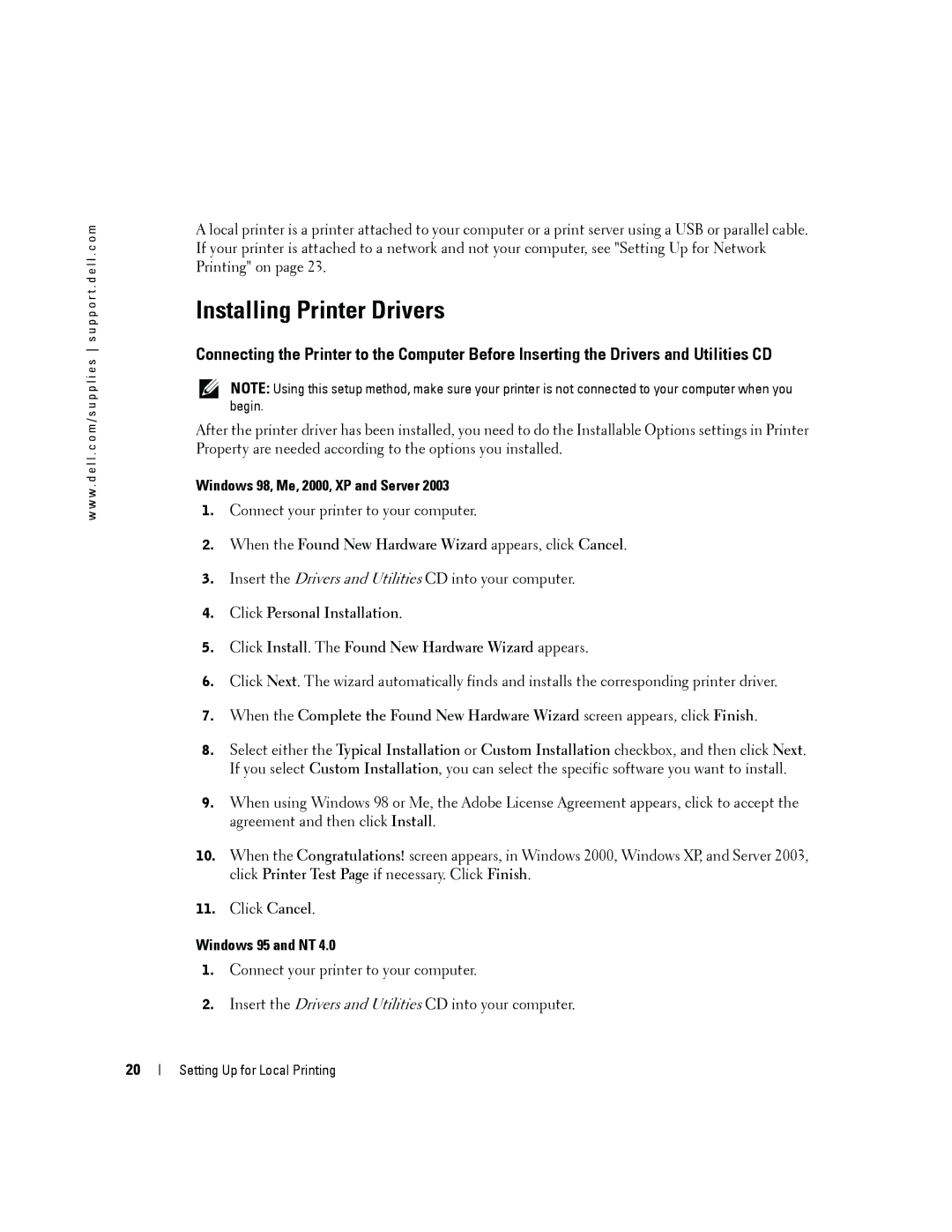 Dell 5100cn owner manual Installing Printer Drivers, Windows 98, Me, 2000, XP and Server, Windows 95 and NT 