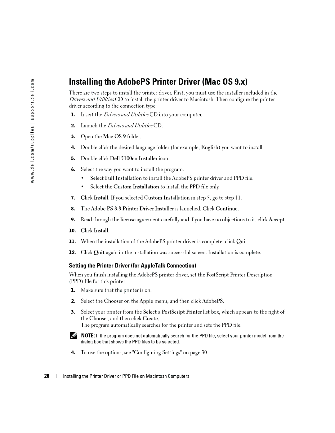 Dell 5100cn owner manual Installing the AdobePS Printer Driver Mac OS, Setting the Printer Driver for AppleTalk Connection 