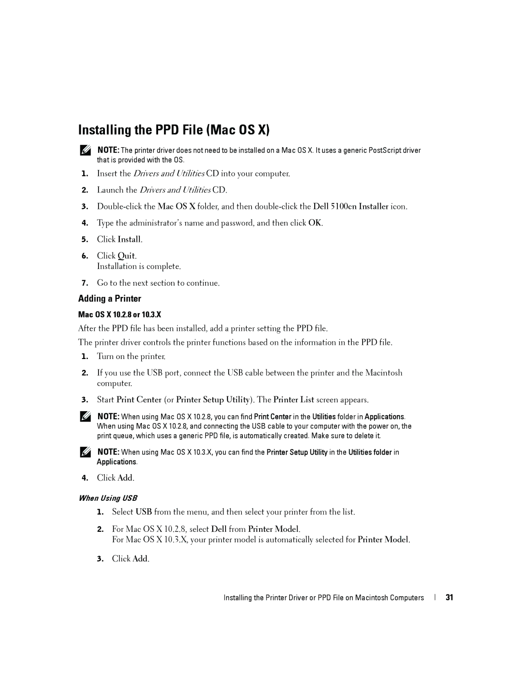 Dell 5100cn owner manual Installing the PPD File Mac OS, Adding a Printer, Mac OS X 10.2.8 or 