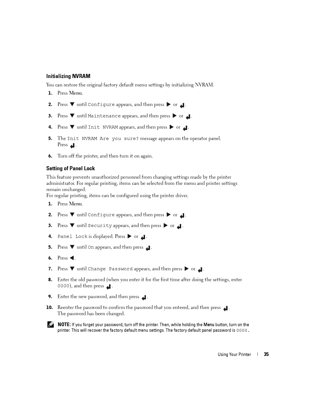 Dell 5100cn owner manual Initializing Nvram, Setting of Panel Lock 