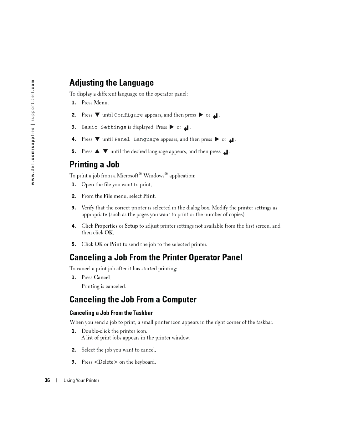 Dell 5100cn owner manual Adjusting the Language, Printing a Job, Canceling a Job From the Printer Operator Panel 