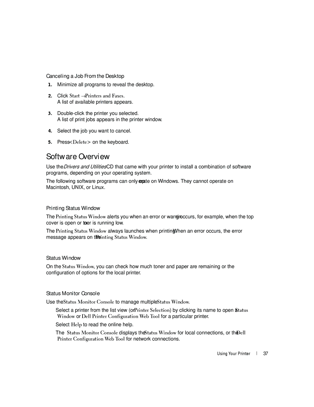 Dell 5100cn Software Overview, Canceling a Job From the Desktop, Printing Status Window, Status Monitor Console 