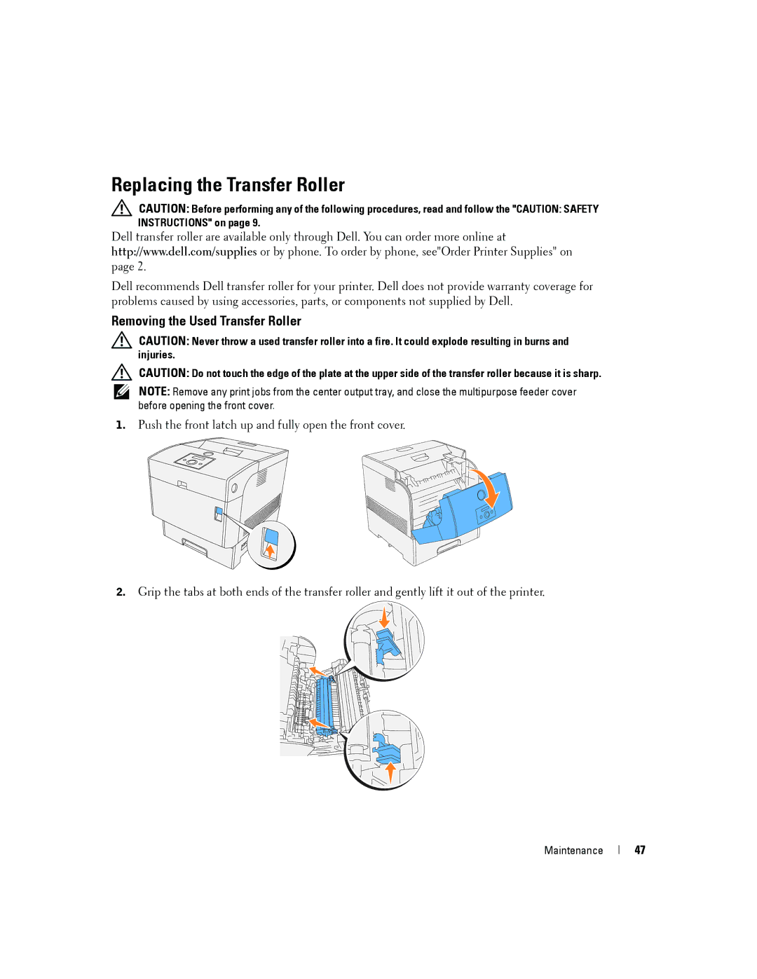 Dell 5100cn owner manual Replacing the Transfer Roller, Removing the Used Transfer Roller 