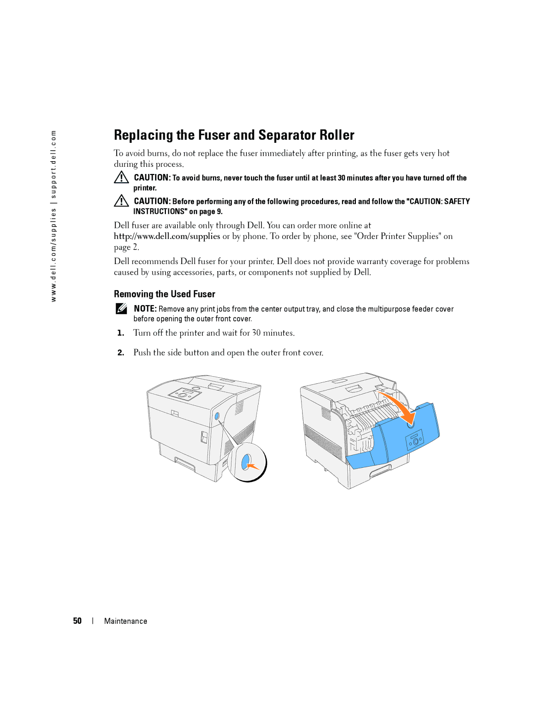 Dell 5100cn owner manual Replacing the Fuser and Separator Roller, Removing the Used Fuser 