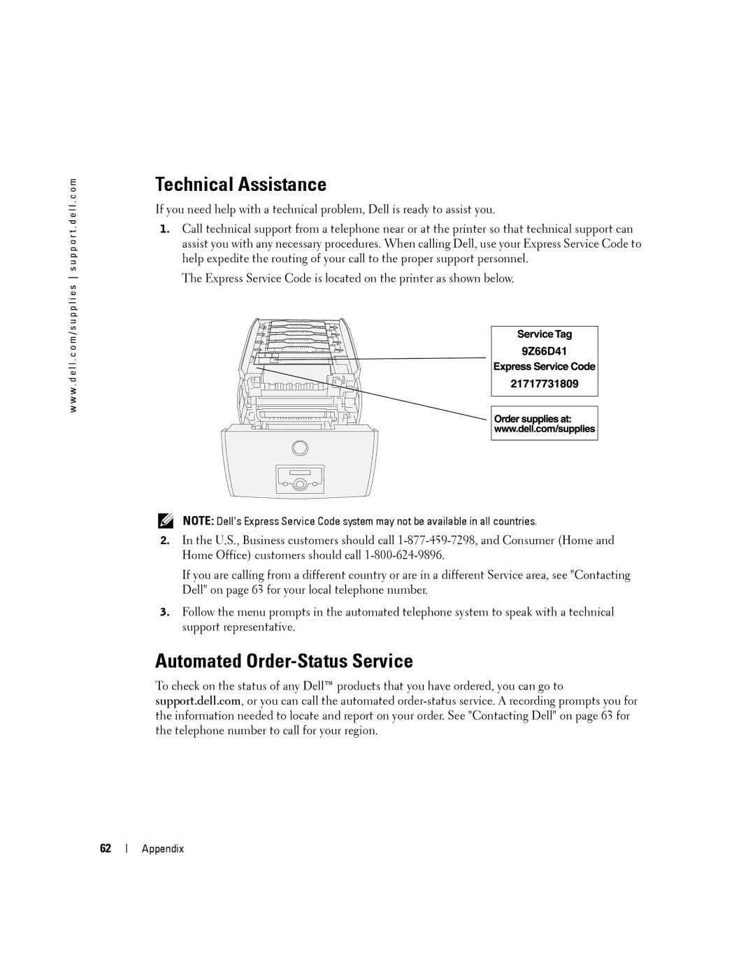 Dell 5100cn owner manual Technical Assistance, Automated Order-Status Service 