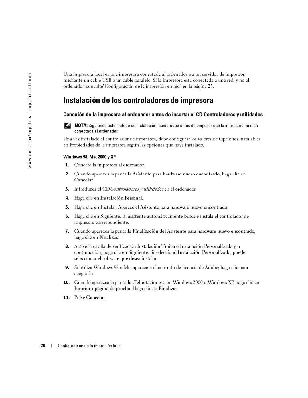 Dell 5100cn manual Instalación de los controladores de impresora, Windows 98, Me, 2000 y XP 