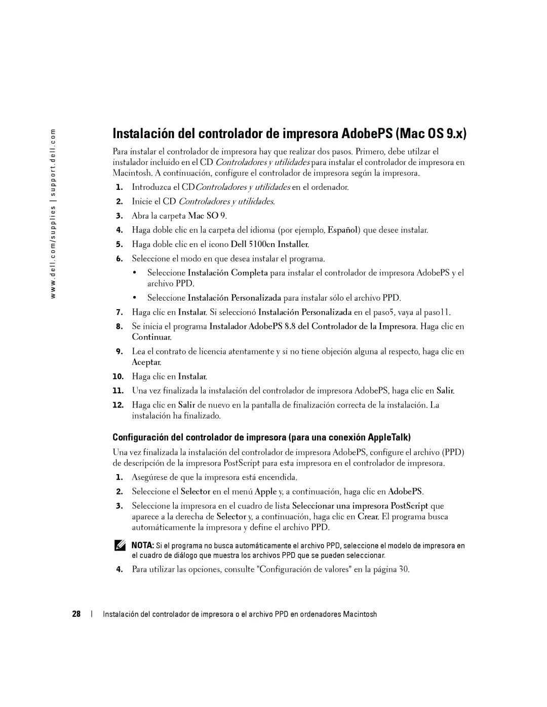 Dell 5100cn manual Instalación del controlador de impresora AdobePS Mac OS 