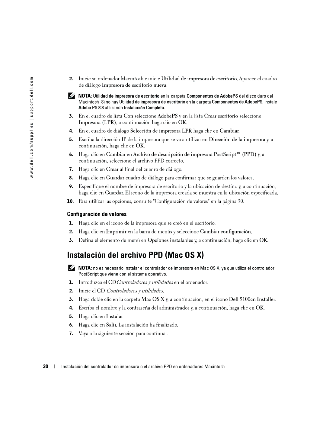 Dell 5100cn manual Instalación del archivo PPD Mac OS, Configuración de valores 