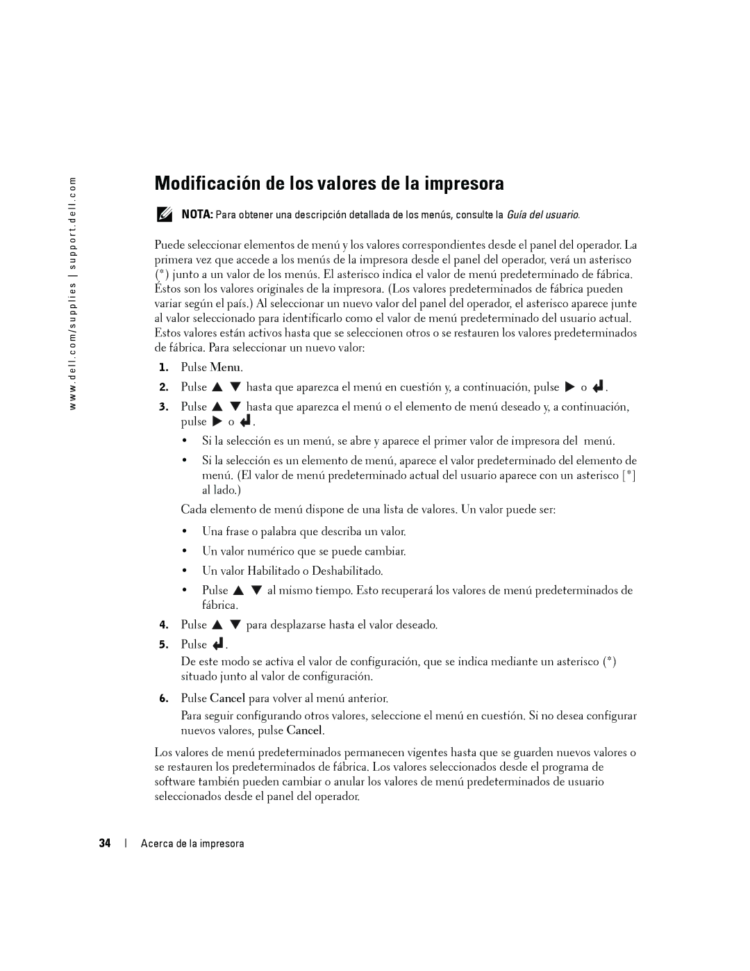 Dell 5100cn manual Modificación de los valores de la impresora 