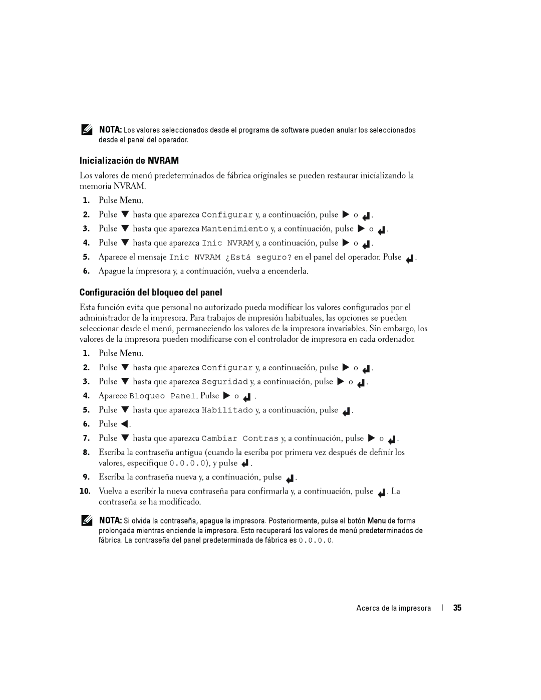 Dell 5100cn manual Inicialización de Nvram, Configuración del bloqueo del panel 