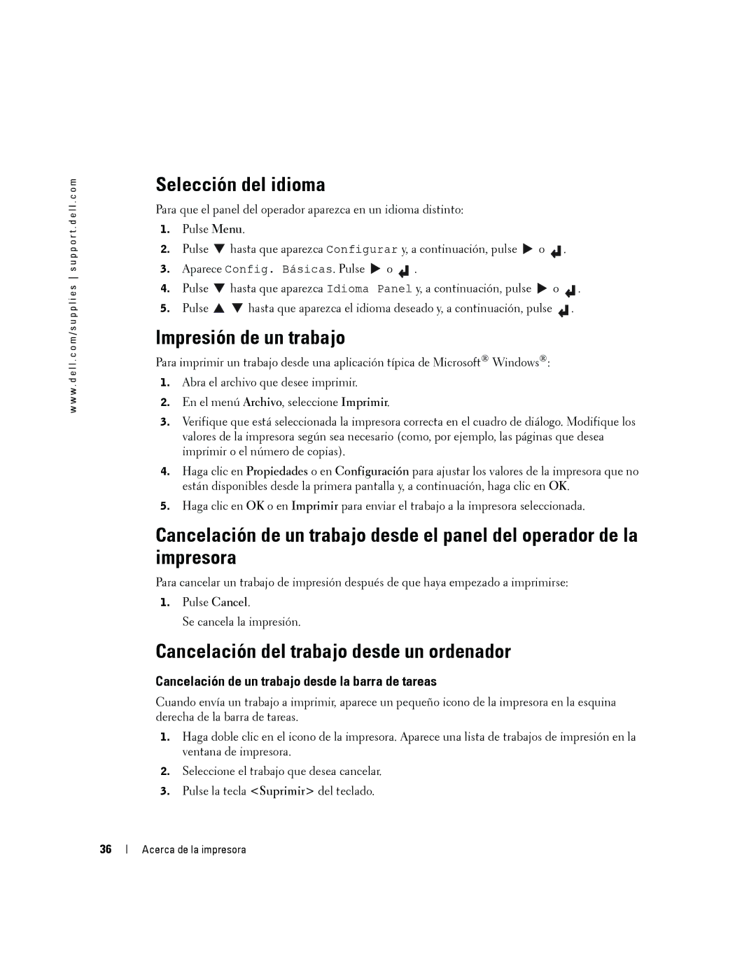 Dell 5100cn manual Selección del idioma, Impresión de un trabajo, Cancelación del trabajo desde un ordenador 