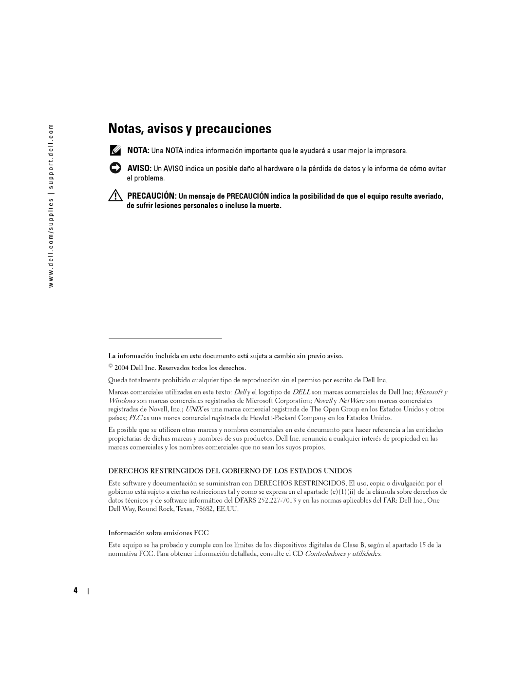 Dell 5100cn manual Notas, avisos y precauciones, Derechos Restringidos DEL Gobierno DE LOS Estados Unidos 