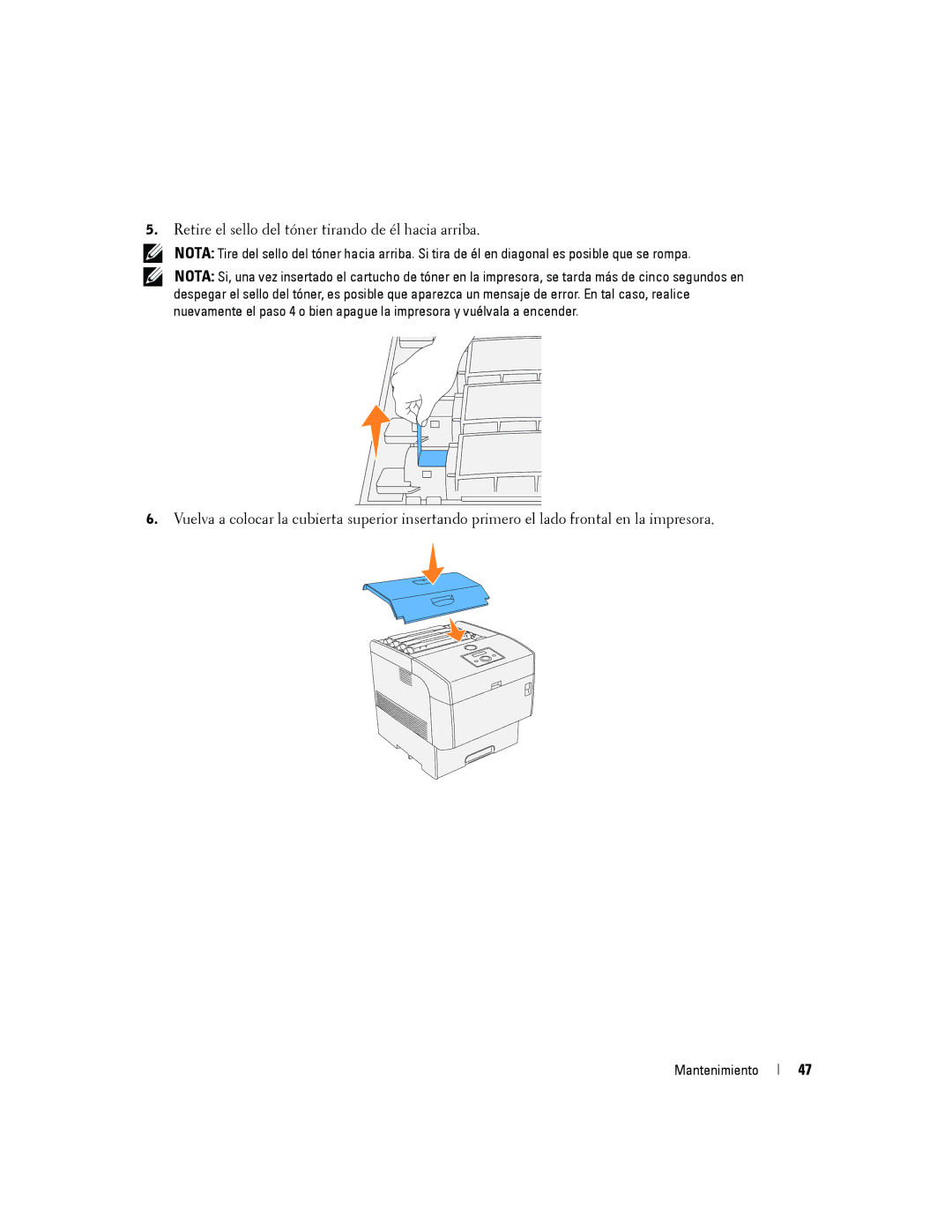 Dell 5100cn manual Retire el sello del tóner tirando de él hacia arriba 