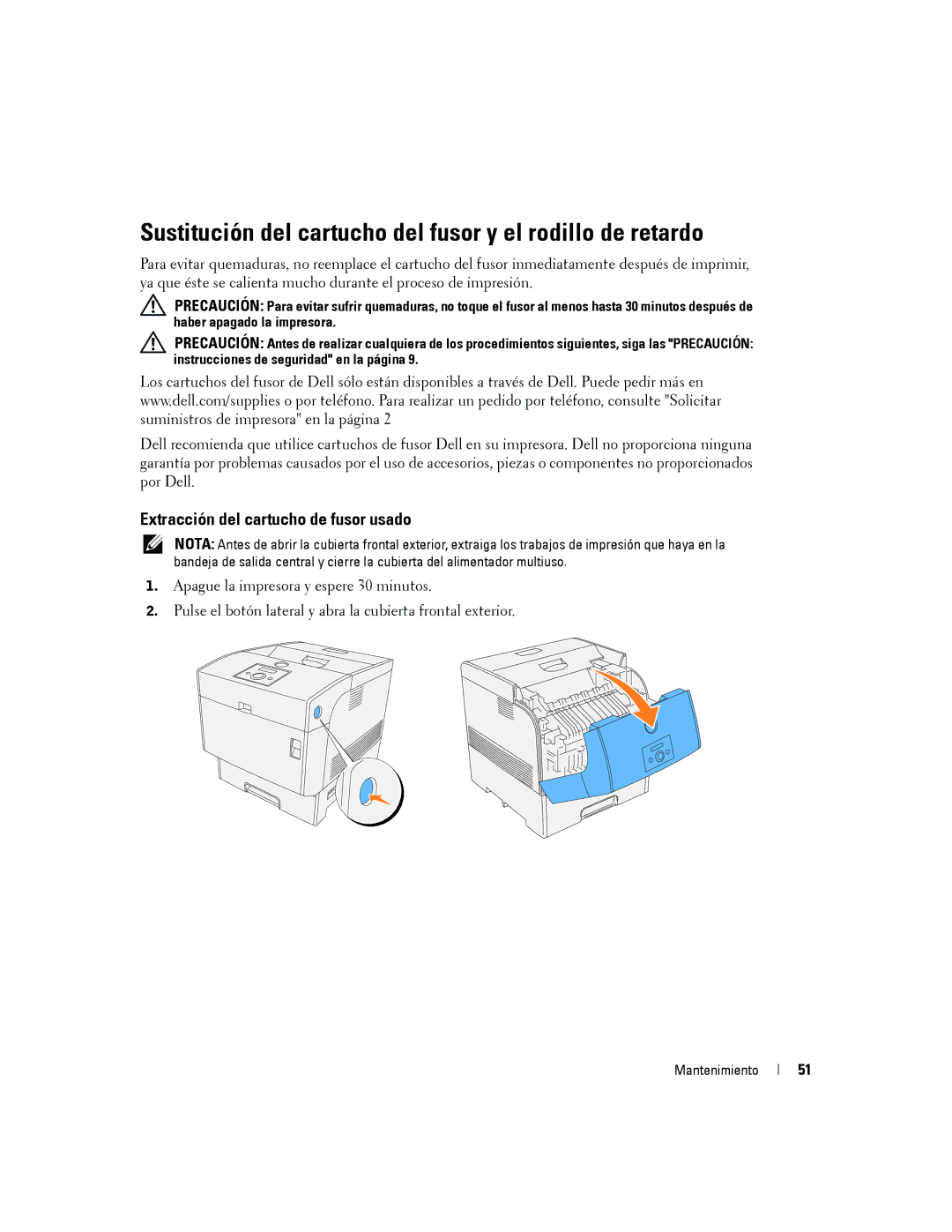 Dell 5100cn manual Sustitución del cartucho del fusor y el rodillo de retardo, Extracción del cartucho de fusor usado 