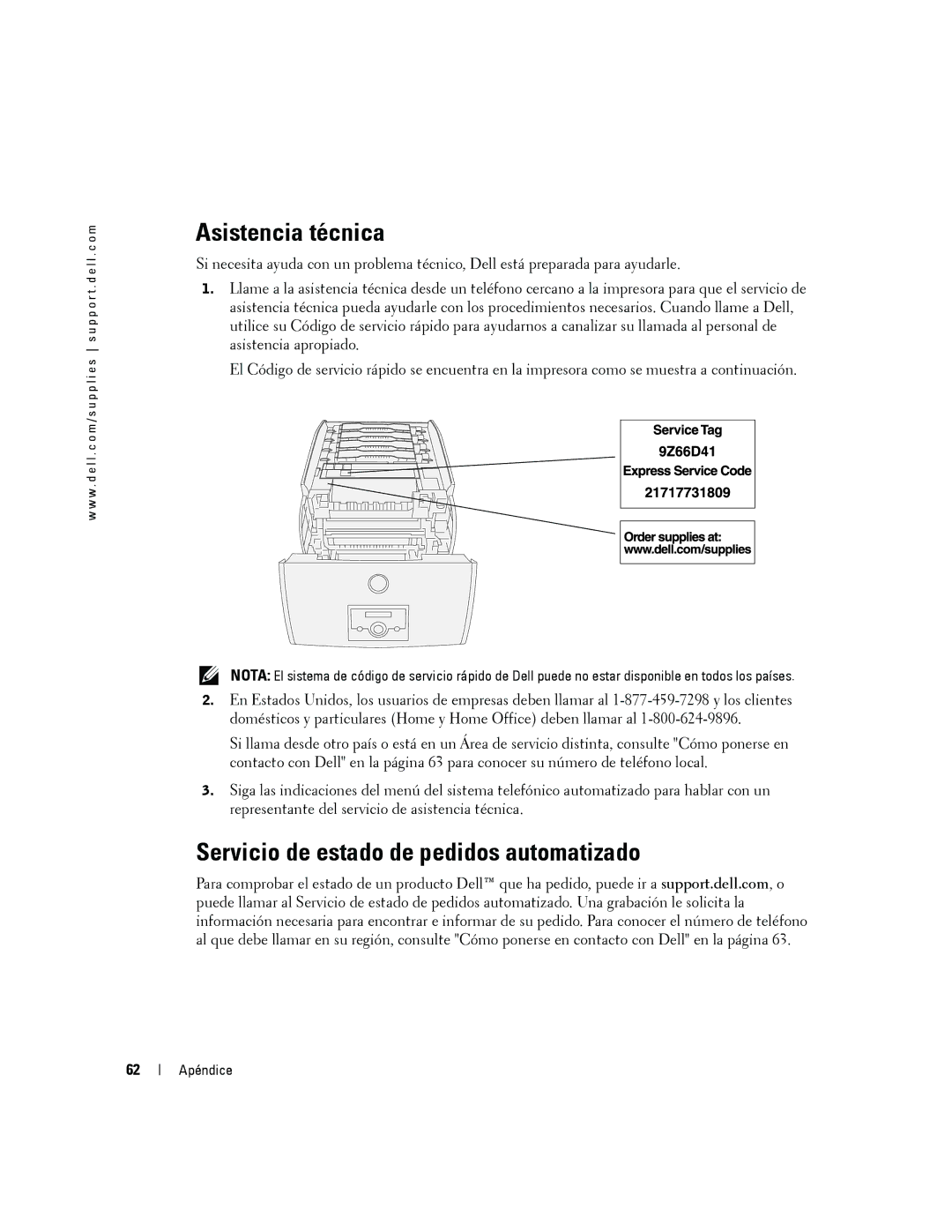 Dell 5100cn manual Asistencia técnica, Servicio de estado de pedidos automatizado 