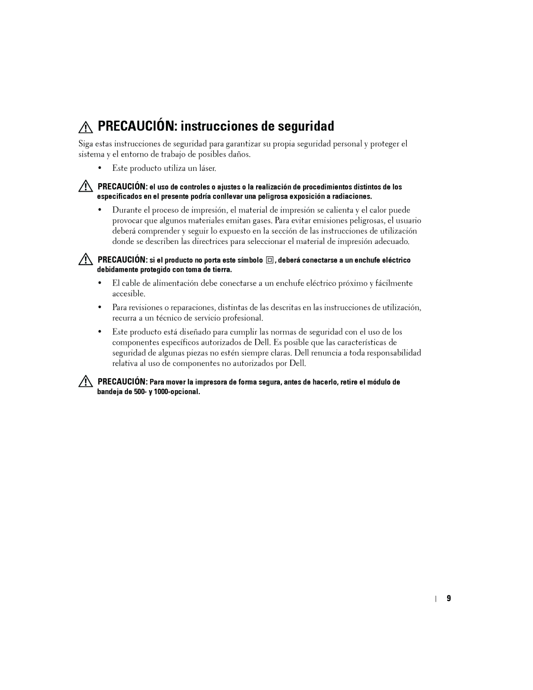 Dell 5100cn manual Precaución instrucciones de seguridad 