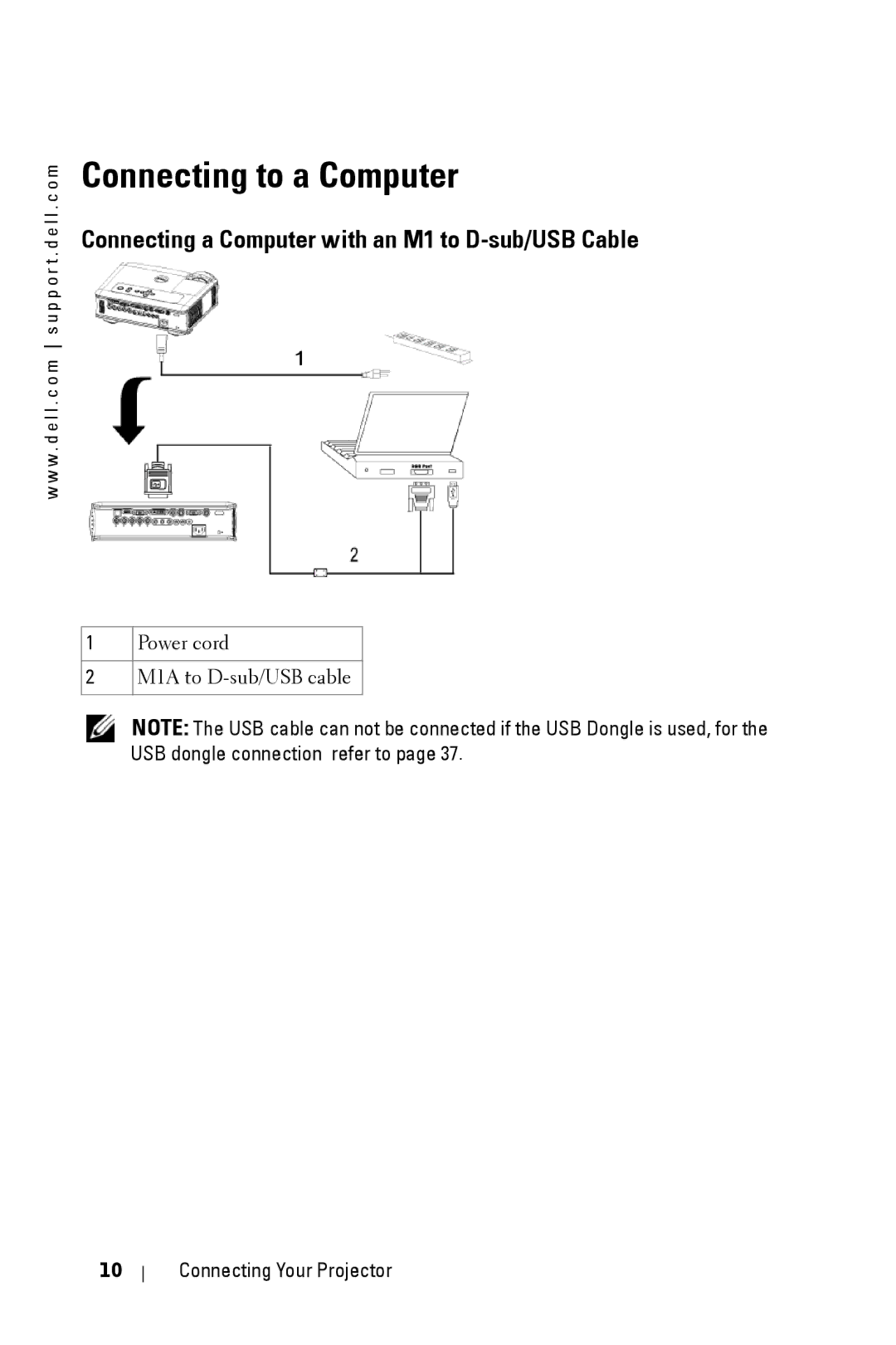 Dell 5100MP owner manual Connecting to a Computer, Power cord M1A to D-sub/USB cable 