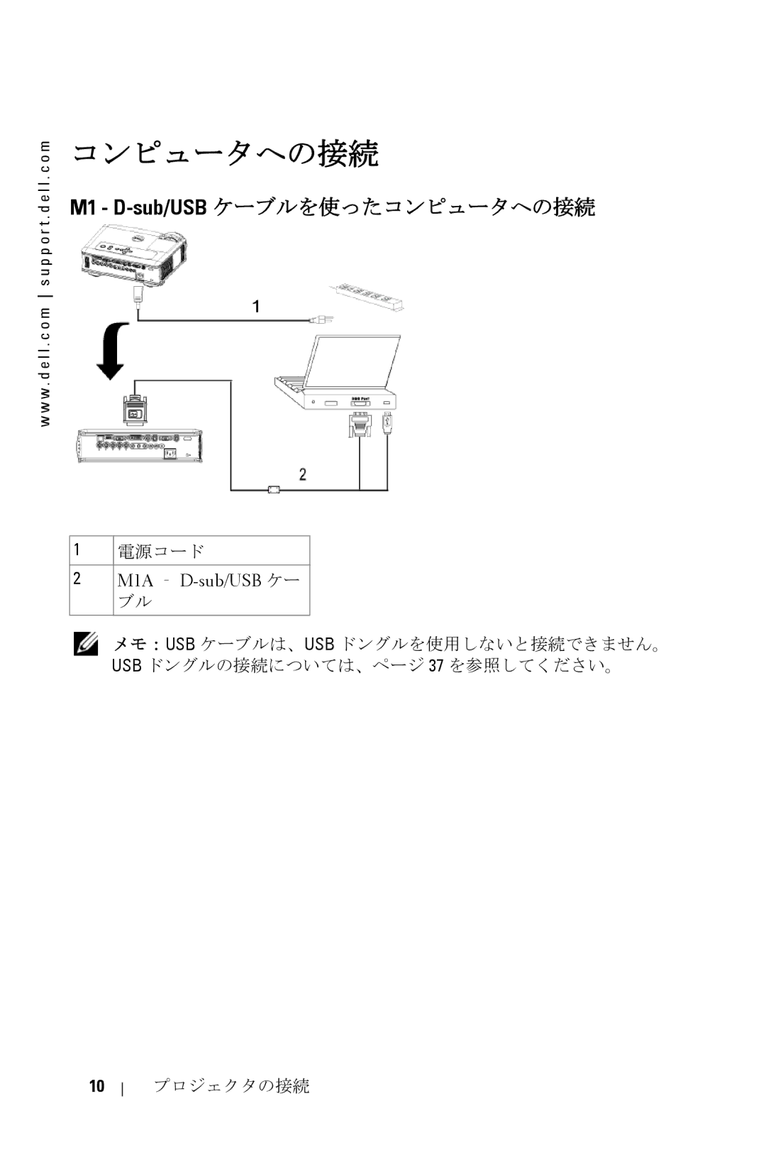 Dell 5100MP owner manual M1 D-sub/USBケーブルを使ったコンピュータへの接続 