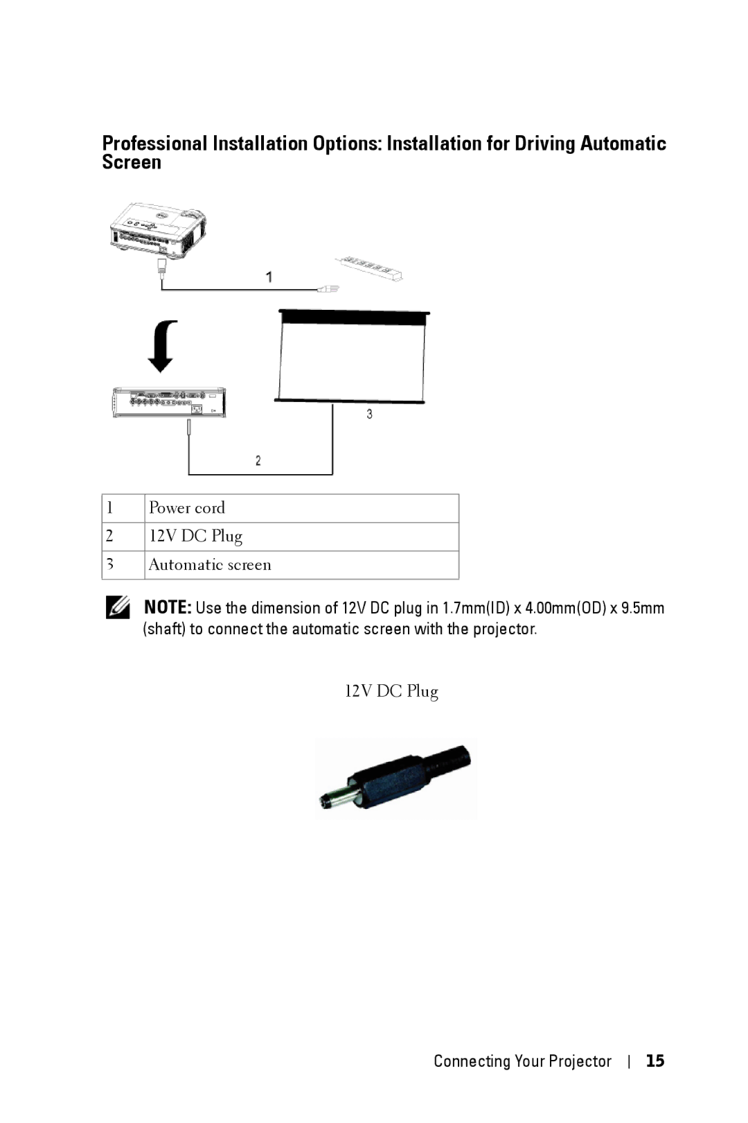 Dell 5100MP owner manual Power cord 12V DC Plug Automatic screen 