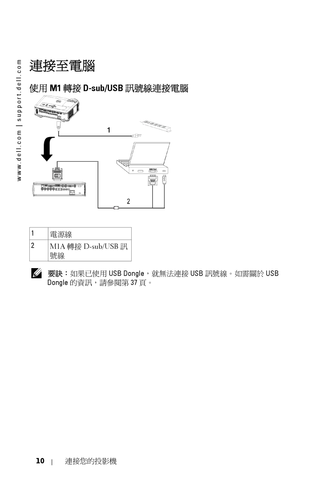 Dell 5100MP owner manual 連接至電腦, 使用 M1 轉接 D-sub/USB訊號線連接電腦 