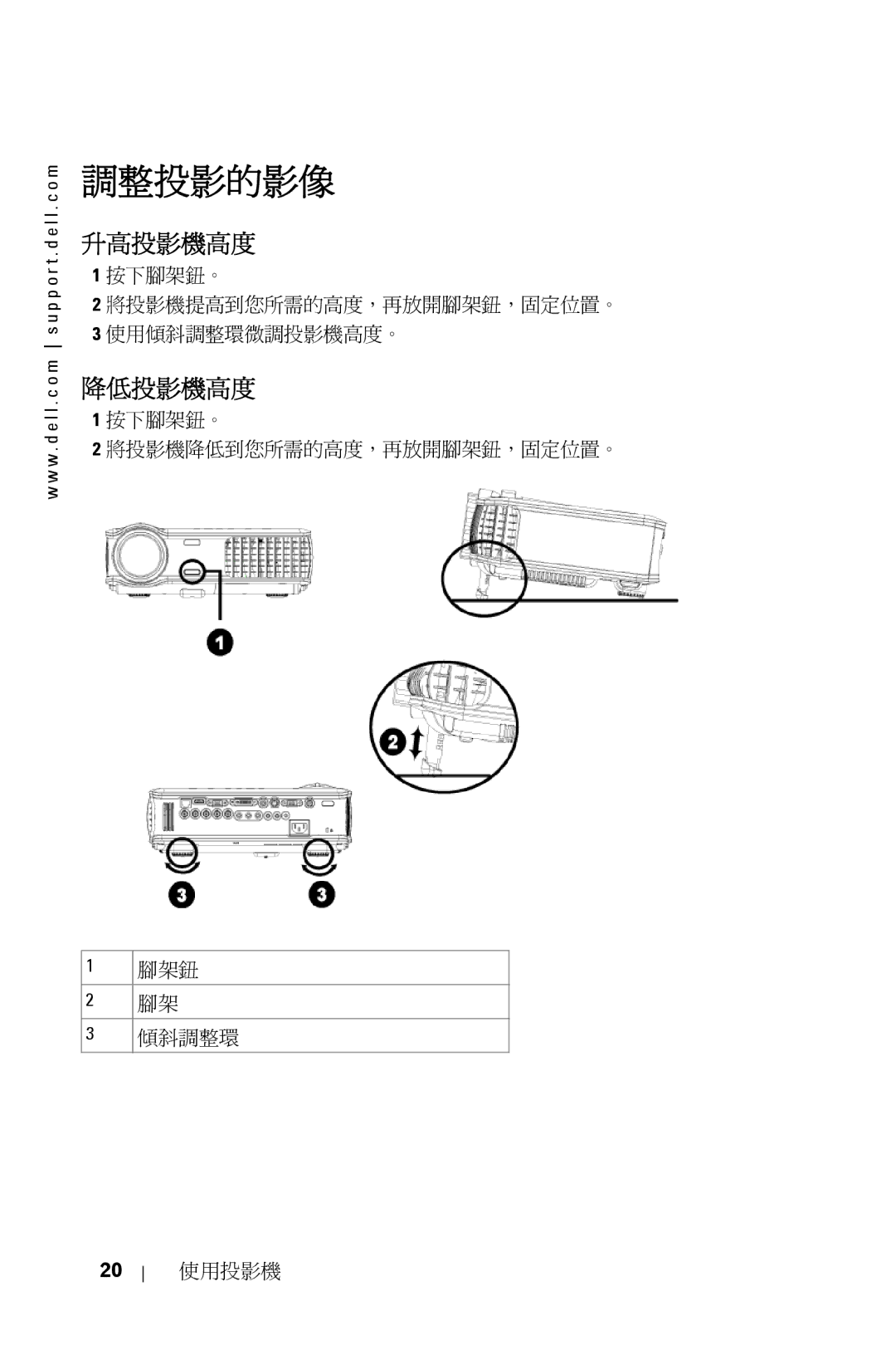 Dell 5100MP owner manual 調整投影的影像, 升高投影機高度, 降低投影機高度 