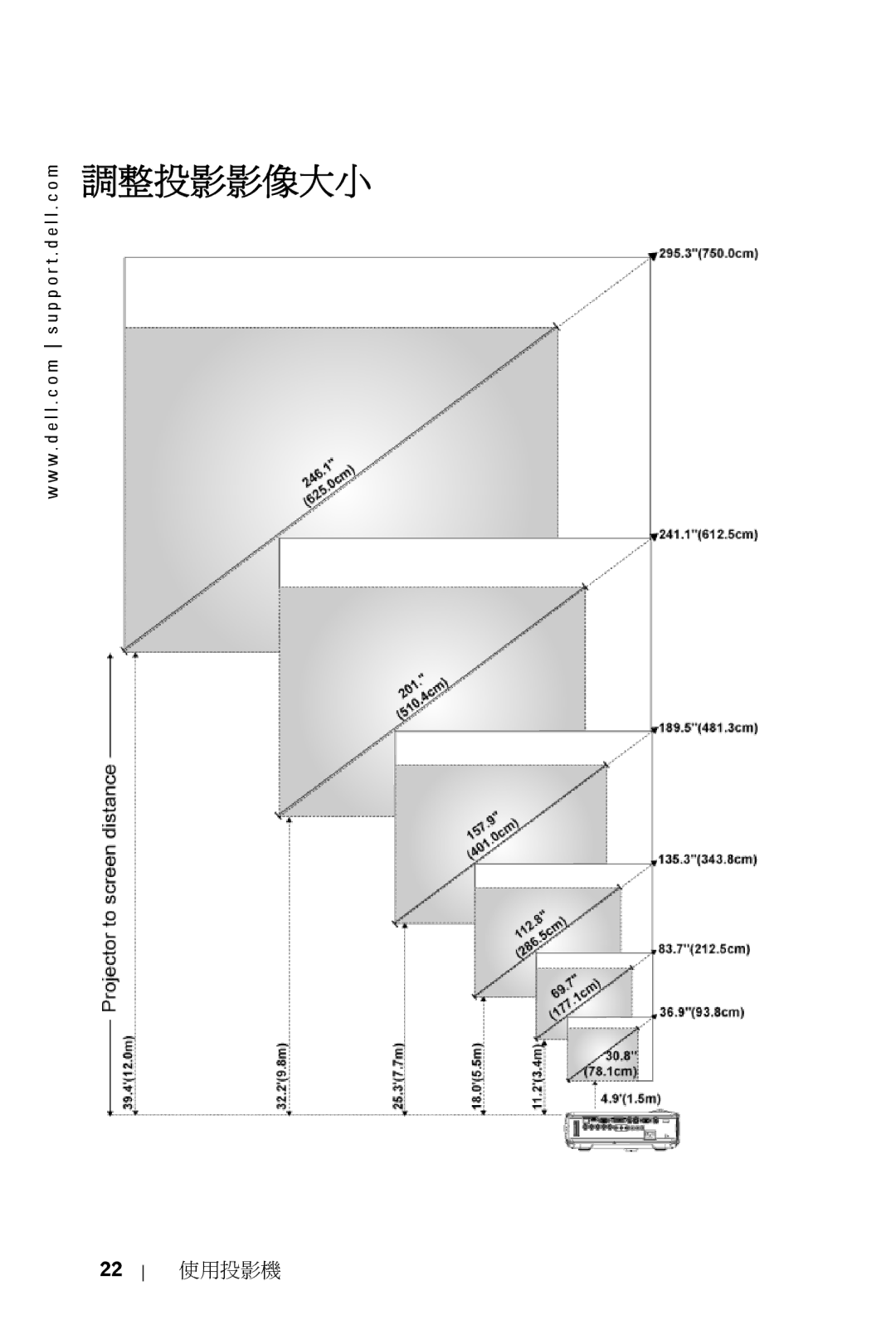 Dell 5100MP owner manual 調整投影影像大小, 使用投影機 