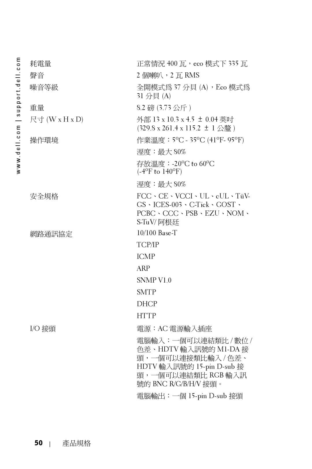 Dell 5100MP owner manual 尺寸 W x H x D, 個喇叭，2 瓦 RMS, 存放溫度：-20oC to 60oC -4oF to 140oF, 電腦輸出：一個 15-pin D-sub 接頭 