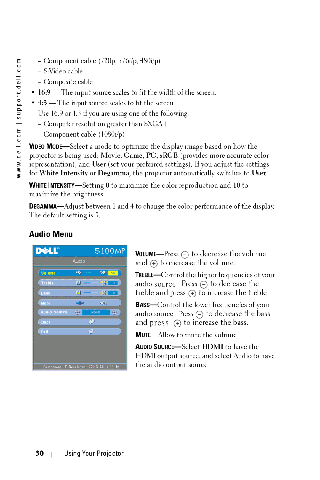 Dell 5100MP owner manual Audio Menu, TREBLE-Control the higher frequencies of your 