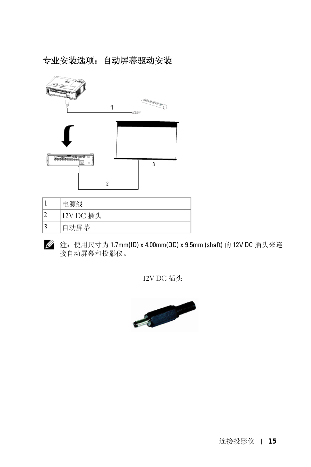 Dell 5100MP owner manual 专业安装选项：自动屏幕驱动安装, 12V DC 插头 