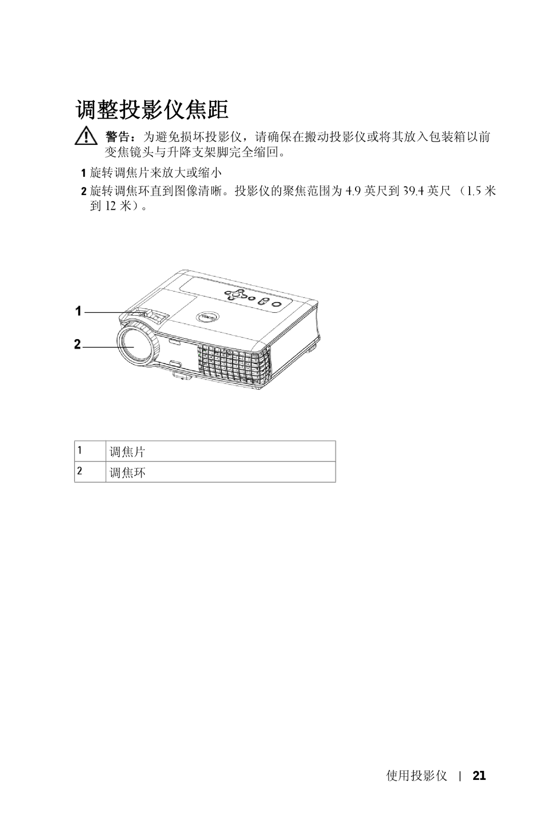 Dell 5100MP owner manual 调整投影仪焦距 