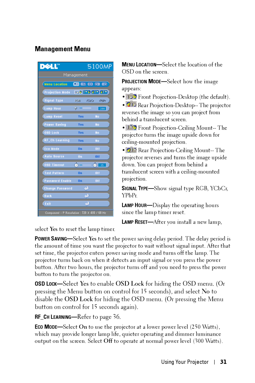 Dell 5100MP owner manual Management Menu 