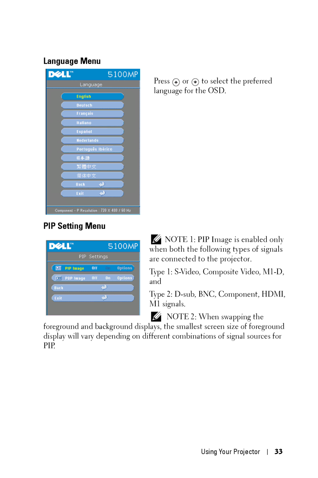 Dell 5100MP owner manual Language Menu 