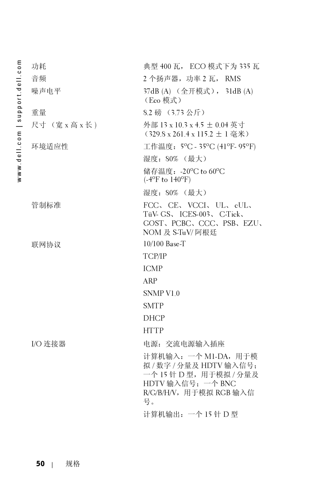 Dell 5100MP owner manual 连接器, 37dB a （全开模式）， 31dB a （Eco 模式）, 储存温度：-20oC to 60oC -4oF to 140oF 