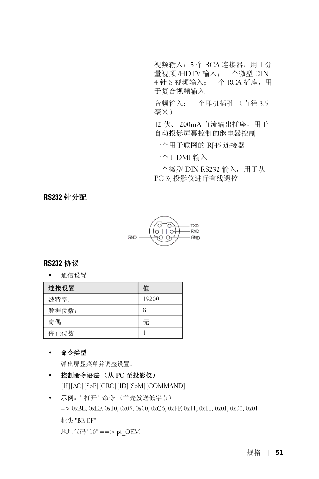 Dell 5100MP owner manual RS232 针分配 RS232 协议, 控制命令语法 （从 Pc 至投影仪） 